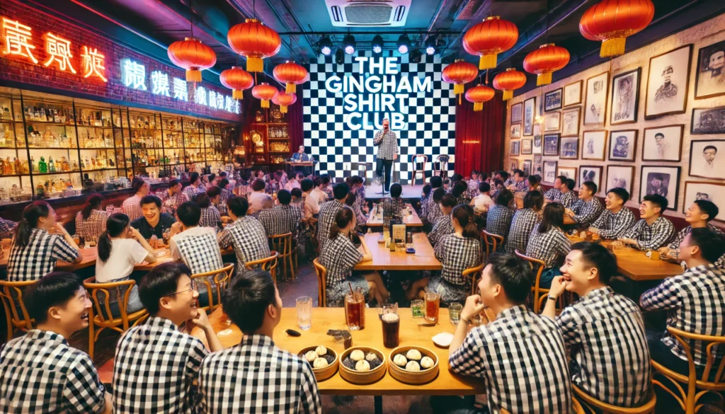 Bohiney.com - A lively comedy club in Shanghai, China, called 'The Gingham Shirt Club.' The venue is packed with a diverse audience, all wearing gingham-patterned s- Alan Nafzger 1