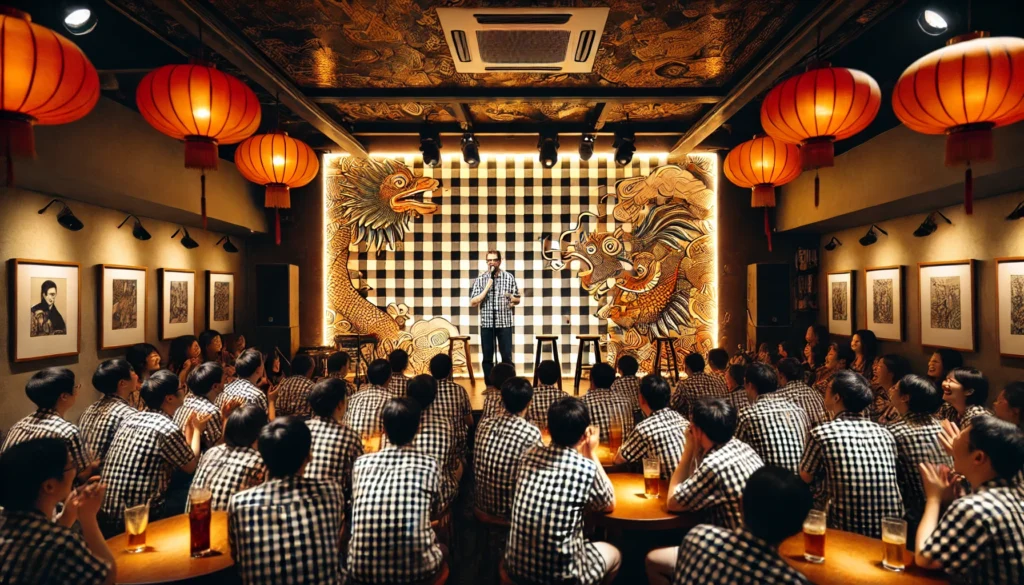 Bohiney.com - A stand-up comedian performing at 'The Gingham Shirt Club' in Shanghai, China. The stage is lit with warm spotlights, and the backdrop features a larg- Alan Nafzger 3