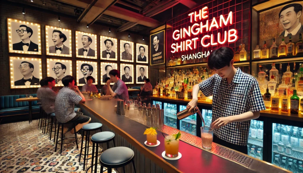 Bohiney.com - The bar area of 'The Gingham Shirt Club' in Shanghai, China, where patrons in gingham shirts are enjoying drinks and conversation. The bartender, also- Alan Nafzger 4