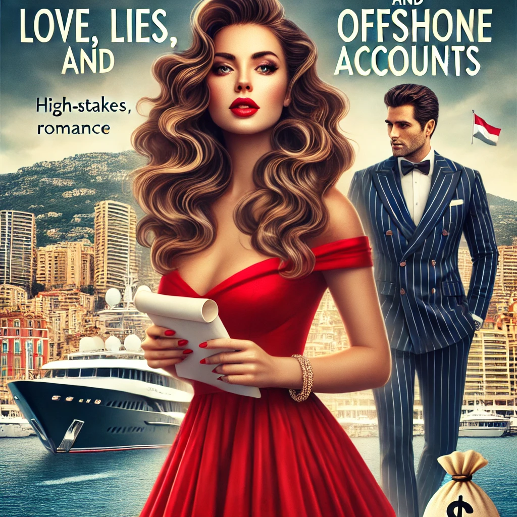 Free Business Romance Novels - A stylish book cover for 'Love, Lies, and Offshore Accounts'. The cover features a glamorous woman with wavy brown hair in a red dress, holding a secr Free Business Romance Novels - A stylish book cover for 'Love, Lies, and Offshore Accounts'. The cover features a glamorous woman with wavy brown hair in a red dress, holding a secr
